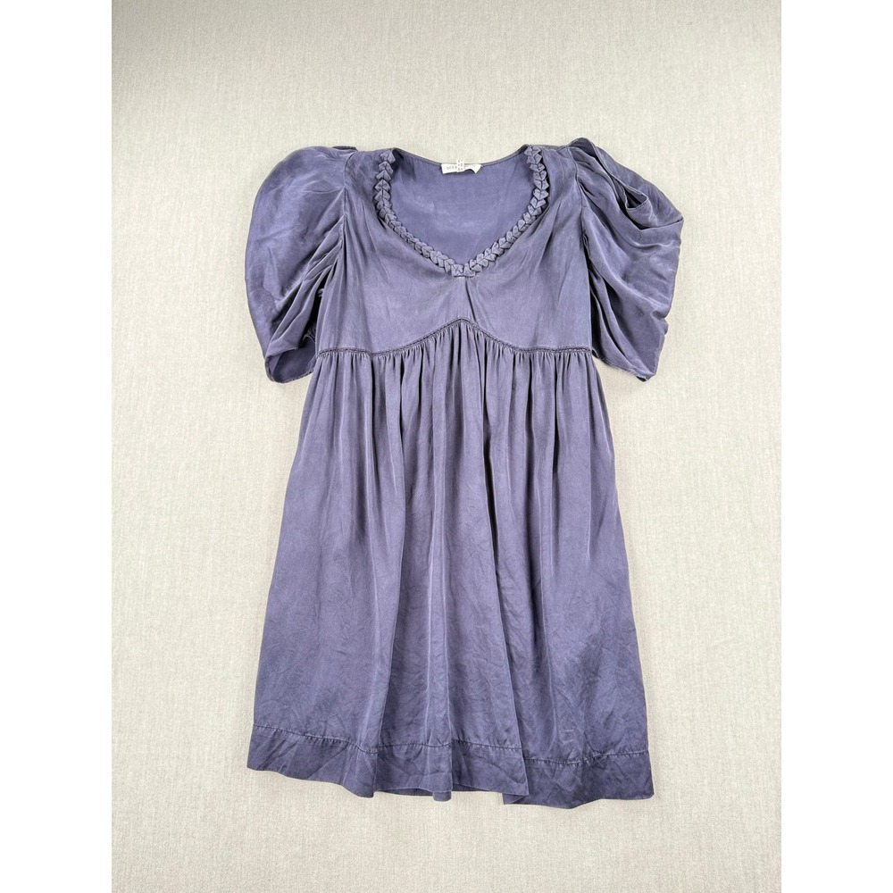 See by Chloe Silk Braided V-Neck Puff Sleeve Babydoll Mini Dress Purple Size‎ 6